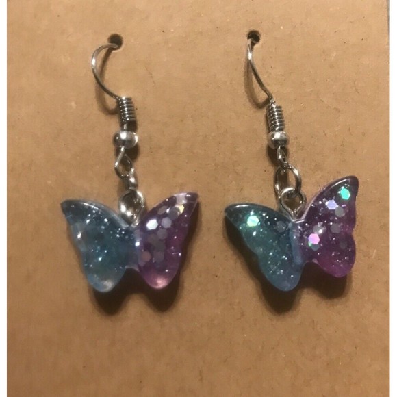 Set Of 2 Pairs Silver Earrings USA HANDMADE Resin Glitter Butterfly Blue Purple - Picture 2 of 4